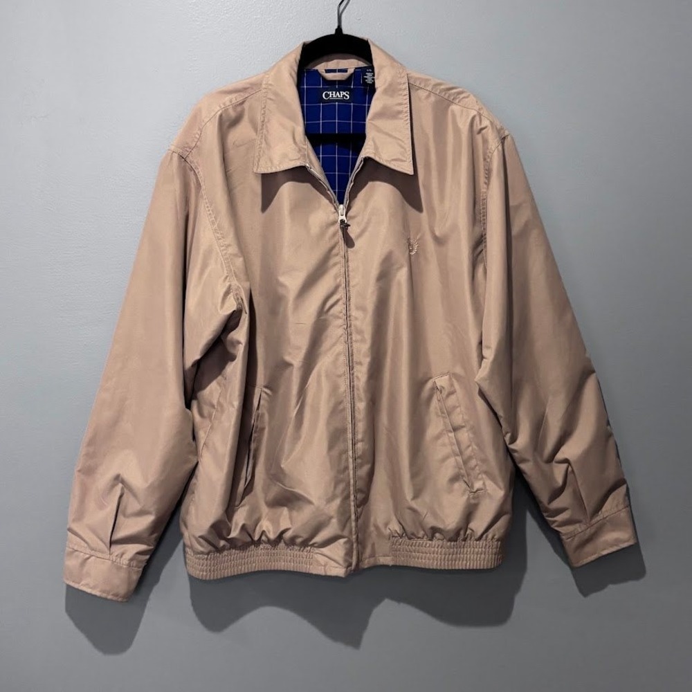 Chaps Harrington Jacket Mens Large Tan Polyester Classic Plaid Lined Full Zip L